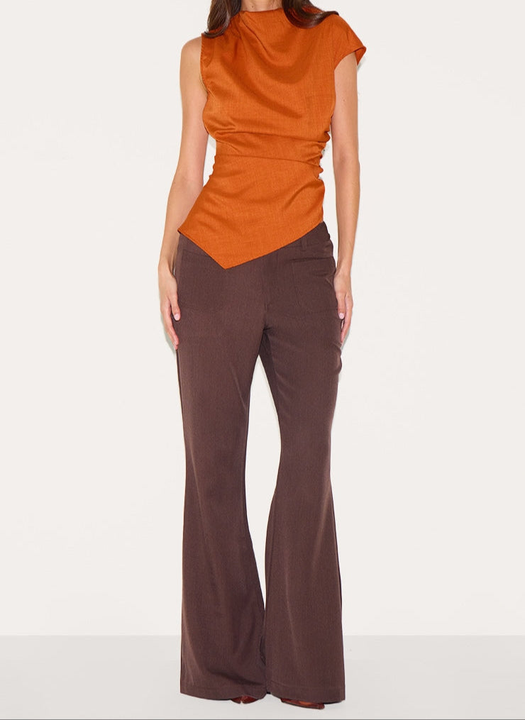 Orange Woven Ruched Asymmetric Long Top