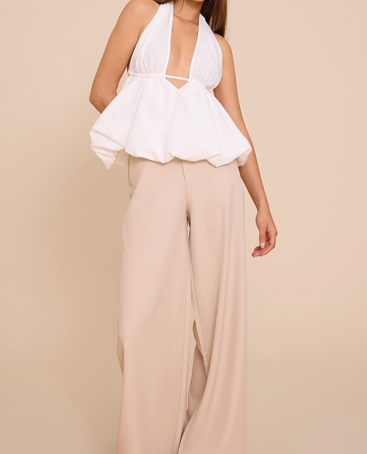 White Woven Plunge Halter Neck Puffball Top.