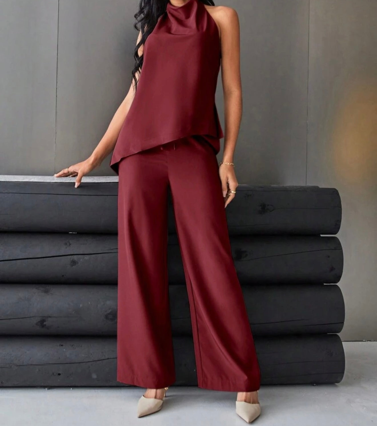 Wine Red Halter Top & Wide-Leg Pants Set.