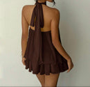 Brown High-Neck Layered Dress.