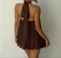 Brown High-Neck Layered Dress.