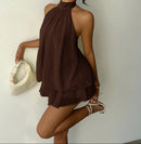 Brown High-Neck Layered Dress.