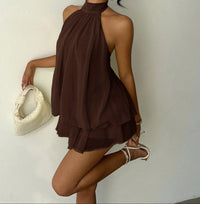 Brown High-Neck Layered Dress.