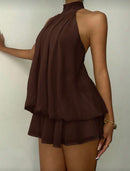Brown High-Neck Layered Dress.