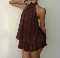 Brown High-Neck Layered Dress.