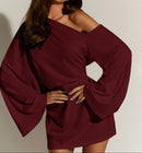 Burgundy One-Shoulder Bell-Sleeve Dress.