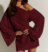 Burgundy One-Shoulder Bell-Sleeve Dress.