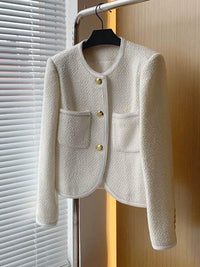 Cream Tweed Gold-Button Jacket.