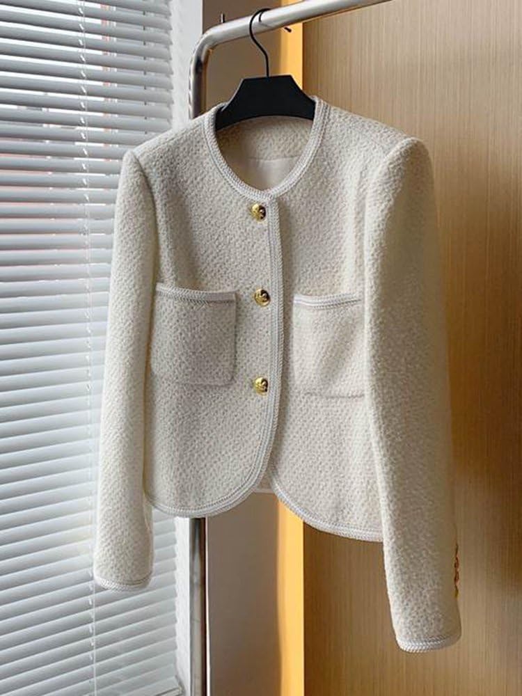 Cream Tweed Gold-Button Jacket.