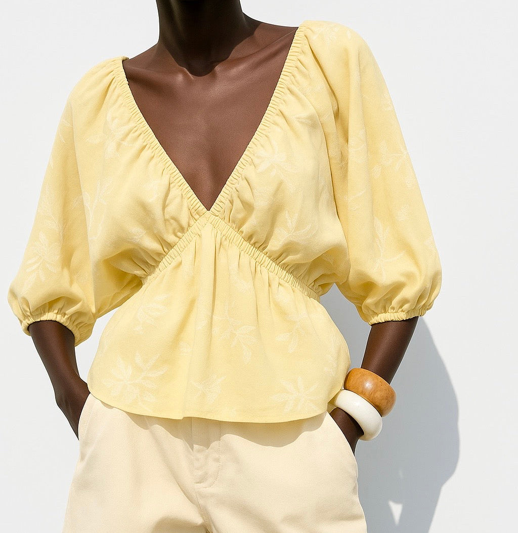 Puff-Sleeve Deep V Top.