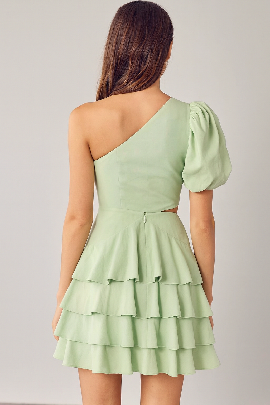 One-Shoulder Green Layered Ruffle Dress.