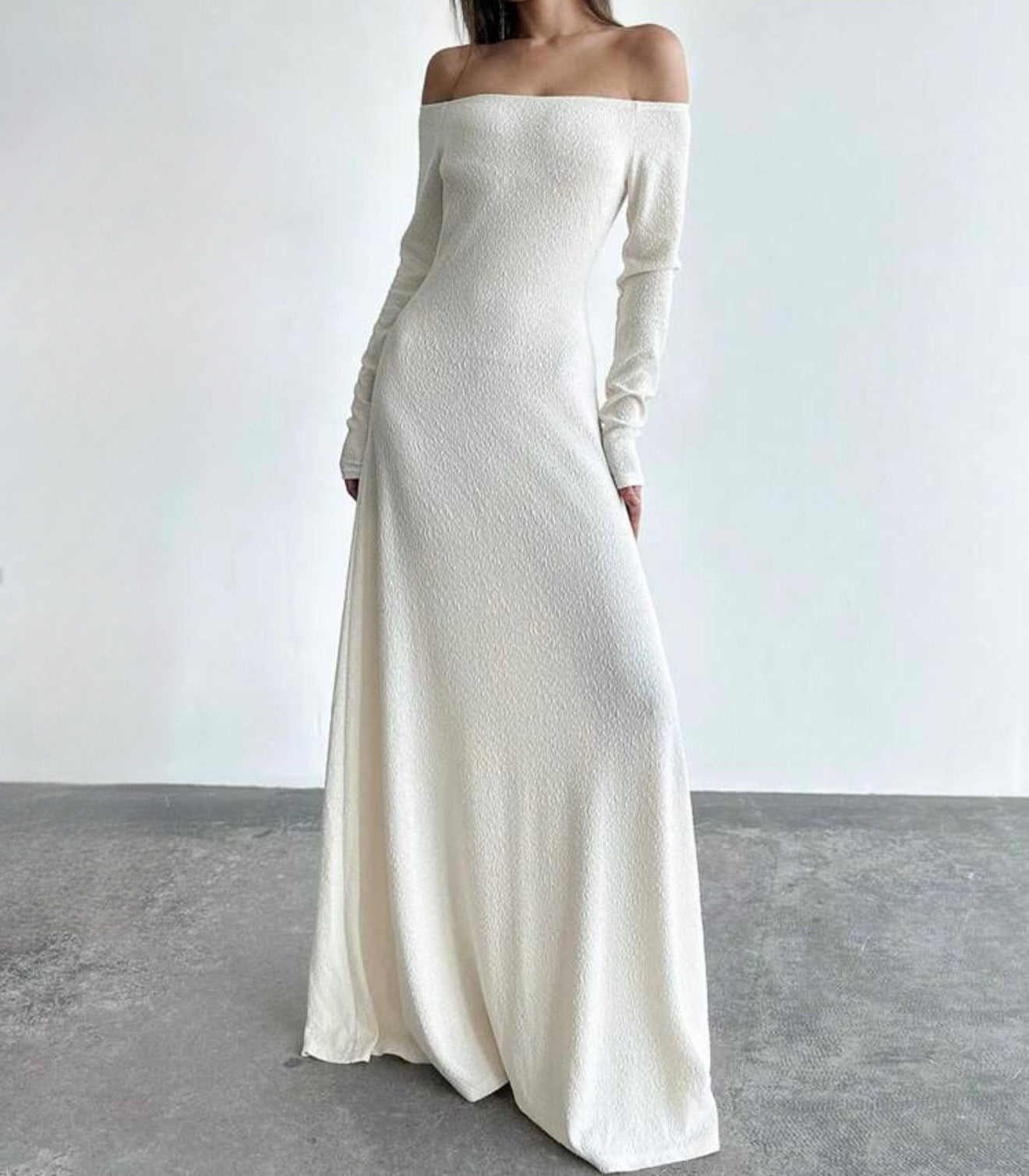 Off-Shoulder White Maxi Dress.