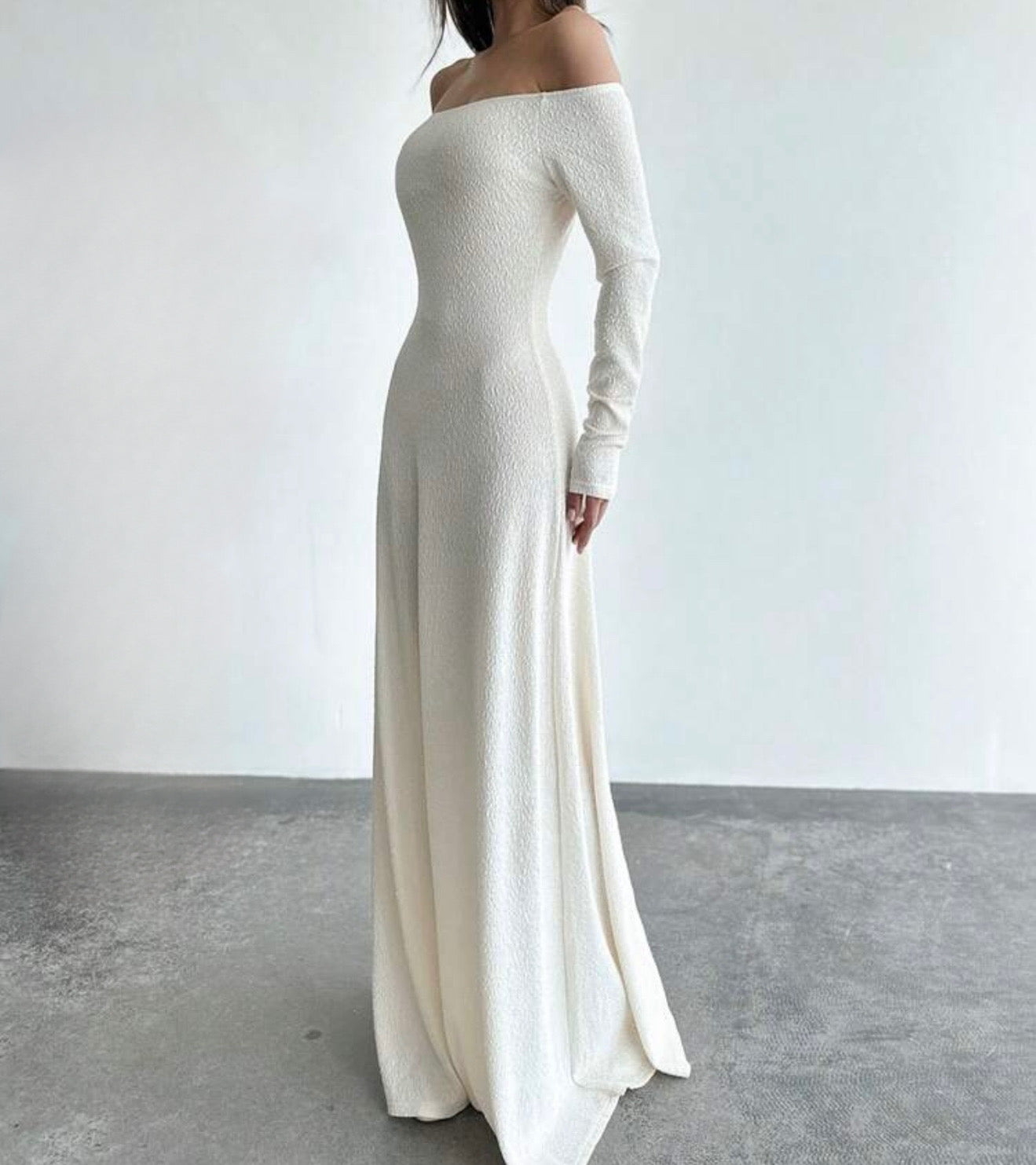 Off-Shoulder White Maxi Dress.