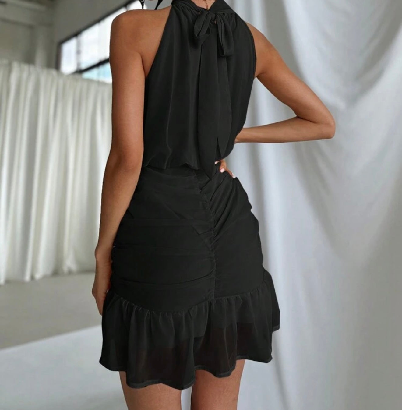 Black Halter Neck Mini Dress.
