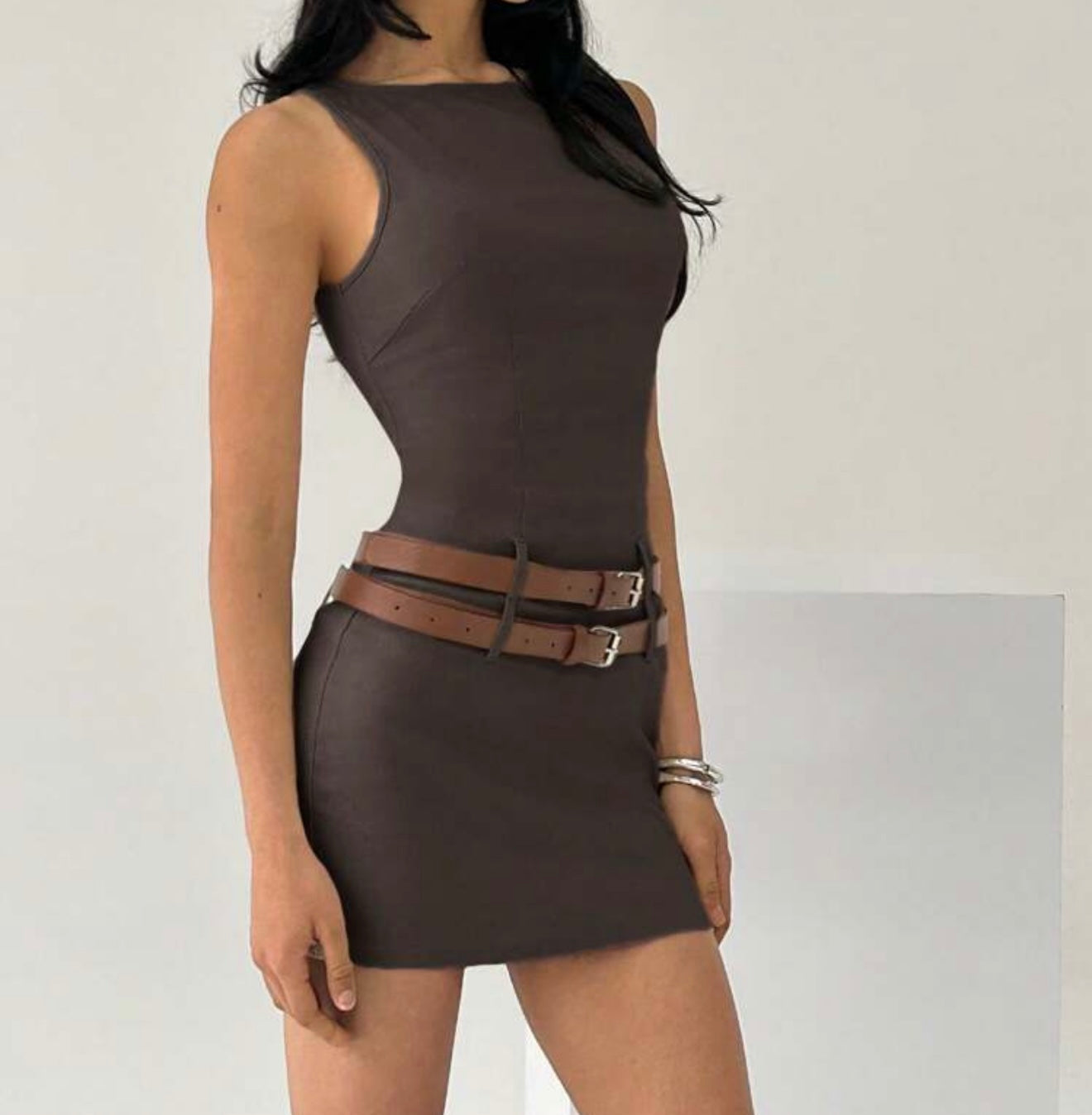 Brown Belted Mini Dress.