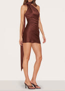 Chocolate Satin Halter Dress.