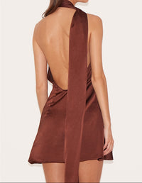 Chocolate Satin Halter Dress.