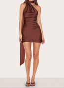 Chocolate Satin Halter Dress.