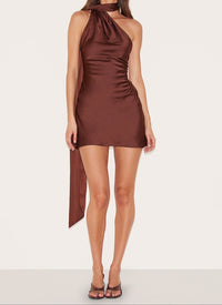 Chocolate Satin Halter Dress.