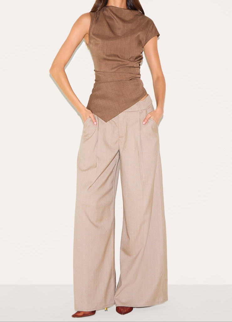 Chocolate Woven Ruched Asymmetric Long Top.