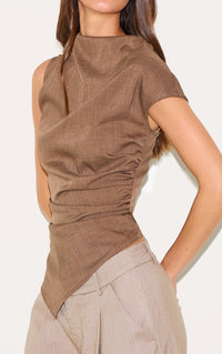 Chocolate Woven Ruched Asymmetric Long Top.