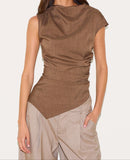 Chocolate Woven Ruched Asymmetric Long Top.
