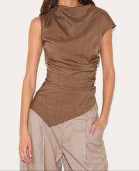 Chocolate Woven Ruched Asymmetric Long Top.
