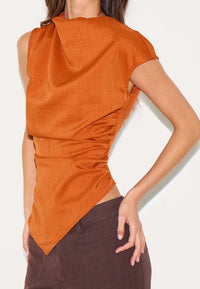Orange Woven Ruched Asymmetric Long Top