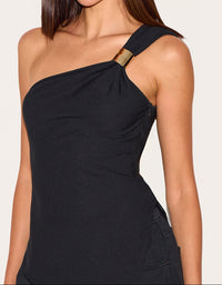 Black Asymmetric One Shoulder Long Top.