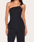 Black Asymmetric One Shoulder Long Top.