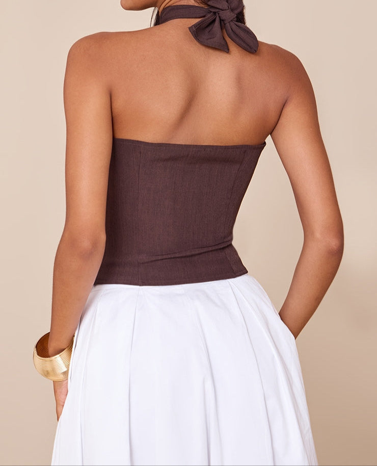 Dark Chocolate Woven Halterneck Top.