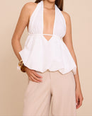 White Woven Plunge Halter Neck Puffball Top.