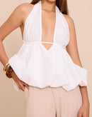 White Woven Plunge Halter Neck Puffball Top.