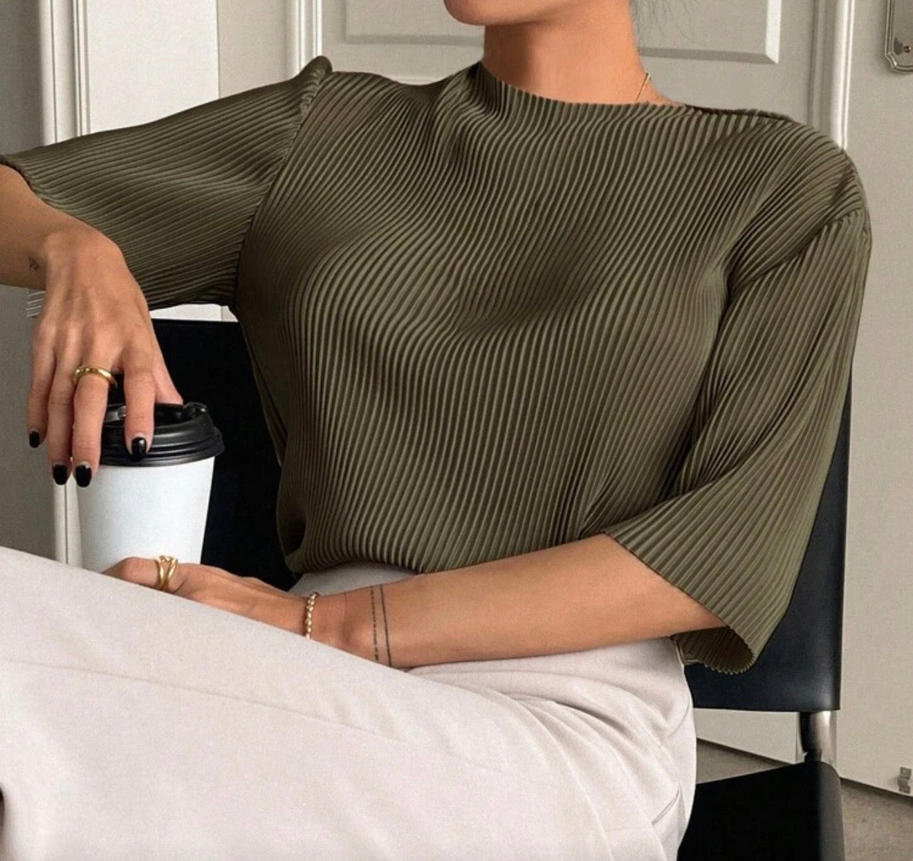 Olive Pleated Top.
