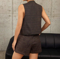 Brown Plaid Vest & Pleated Skirt Set.