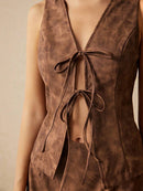 Brown Tie-Front Vest & Skirt Set.