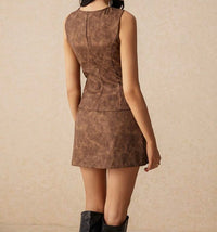 Brown Tie-Front Vest & Skirt Set.