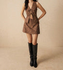 Brown Tie-Front Vest & Skirt Set.