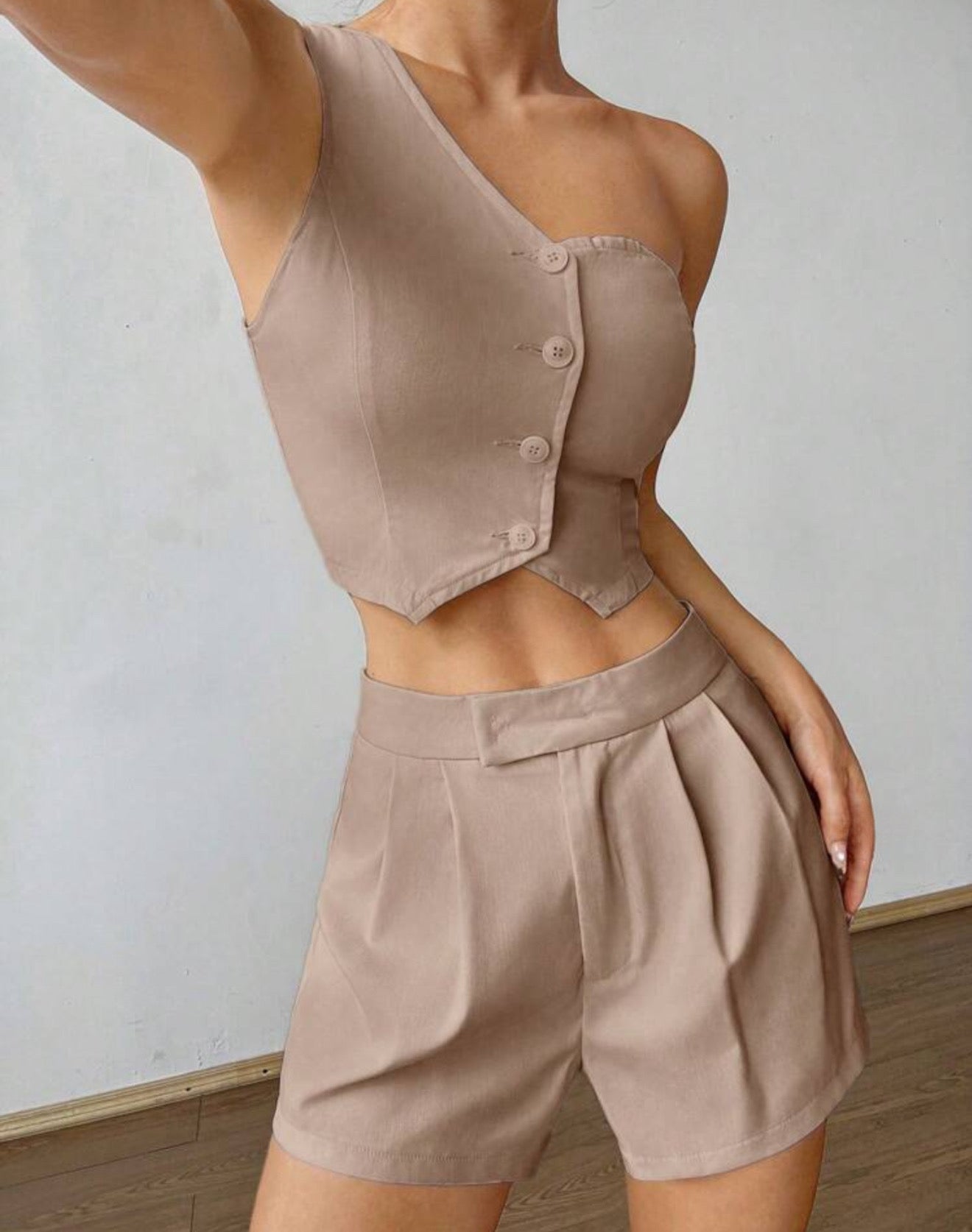 Asymmetric Buttoned Two-Piece Set.
