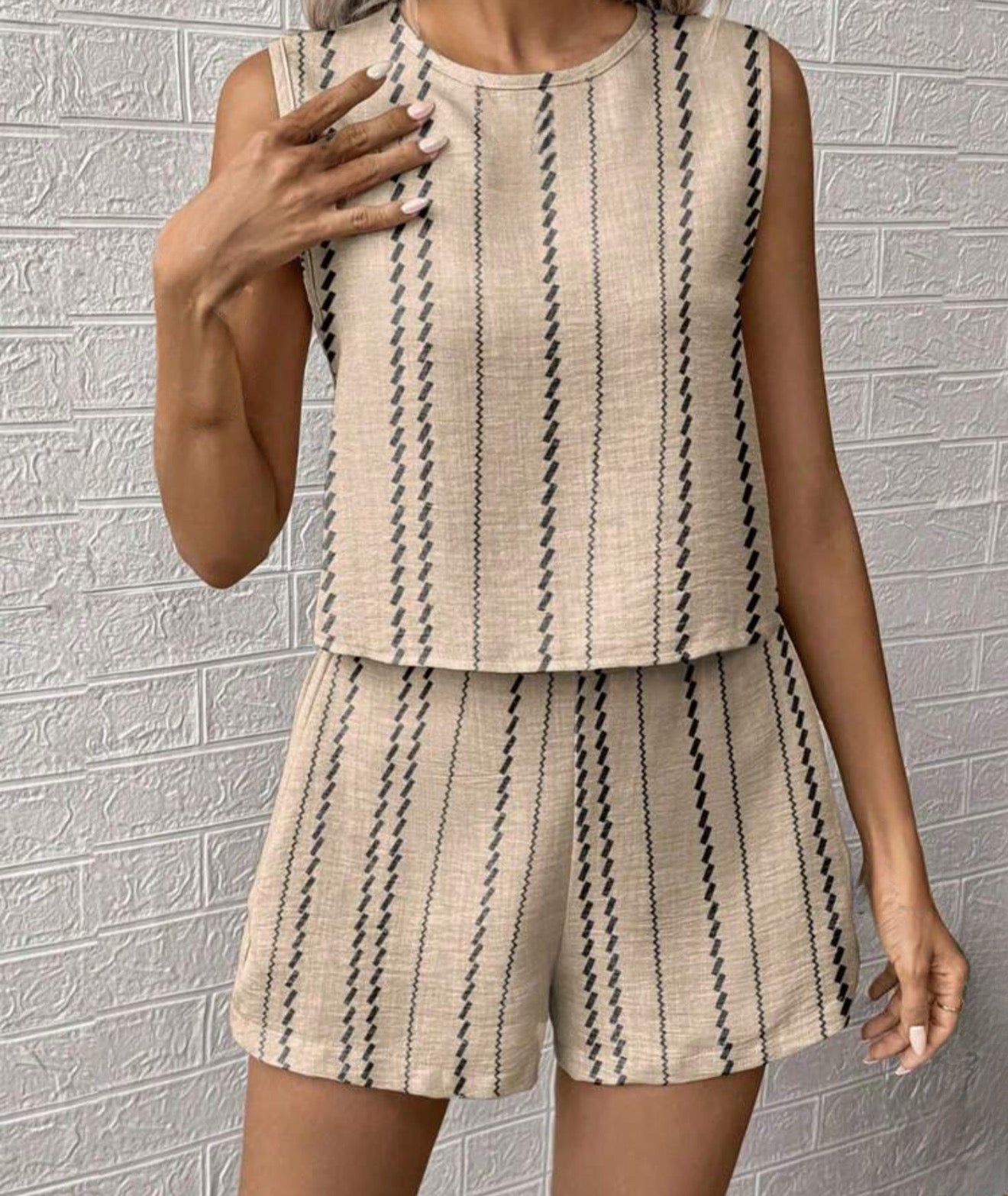 Beige Striped Two-Piece Set.