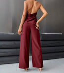 Wine Red Halter Top & Wide-Leg Pants Set.