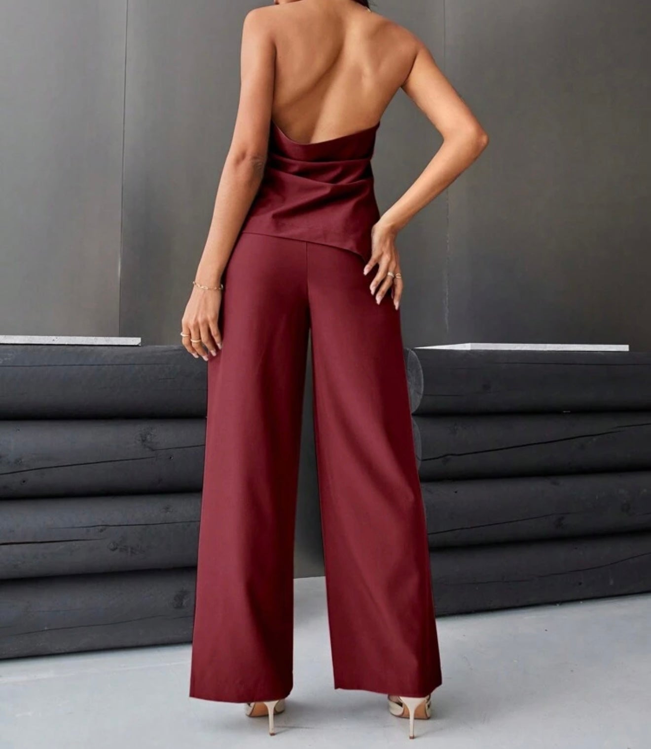 Wine Red Halter Top & Wide-Leg Pants Set.