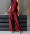 Wine Red Halter Top & Wide-Leg Pants Set.