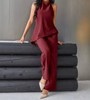 Wine Red Halter Top & Wide-Leg Pants Set.