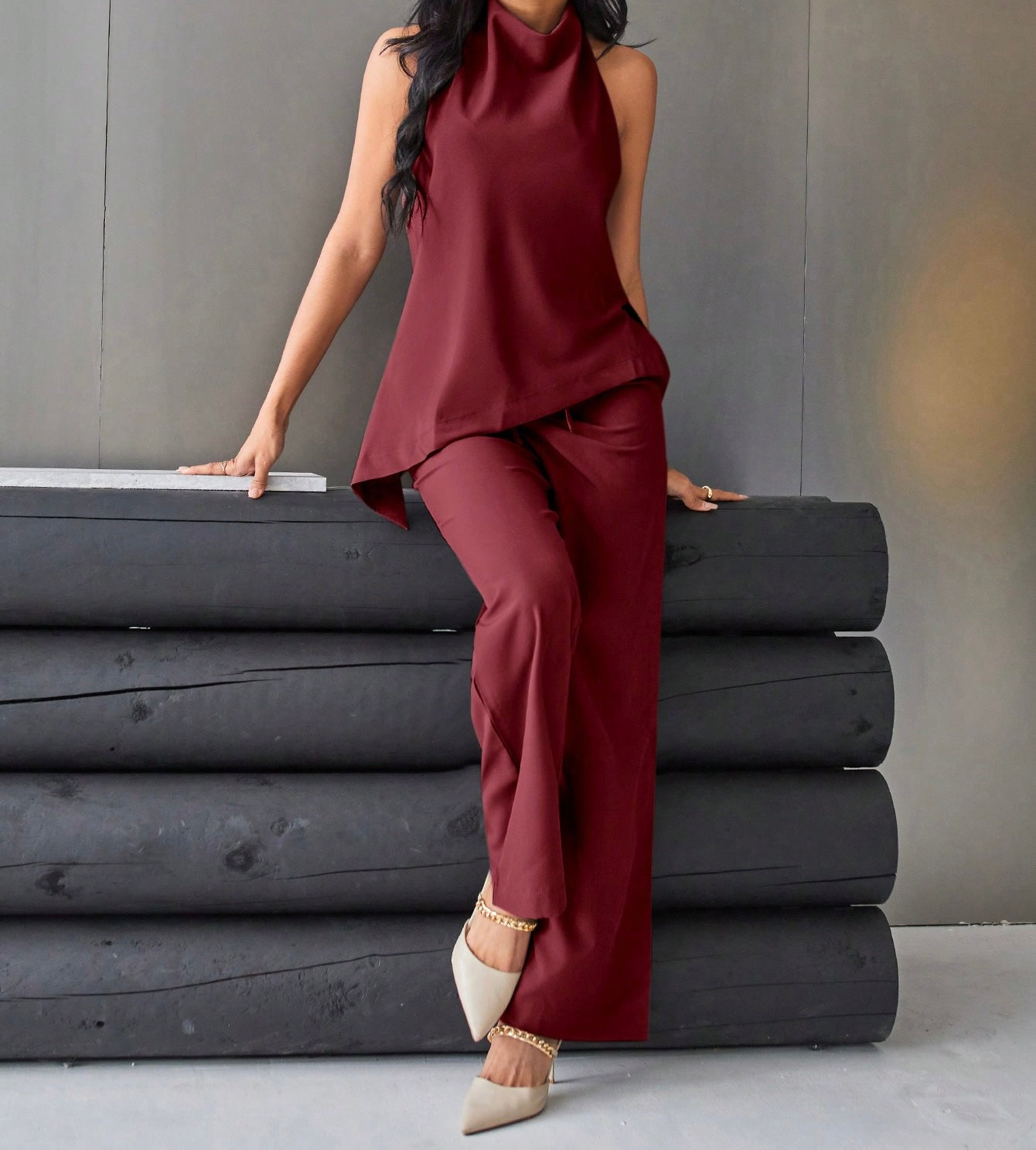 Wine Red Halter Top & Wide-Leg Pants Set.