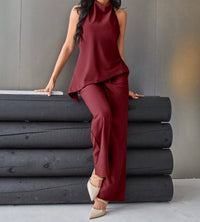 Wine Red Halter Top & Wide-Leg Pants Set.