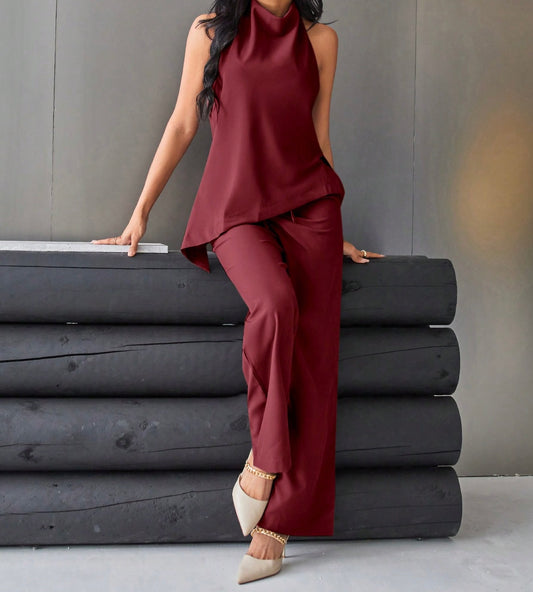 Wine Red Halter Top & Wide-Leg Pants Set.