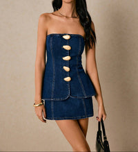 Denim Gold-Button Two-Piece.