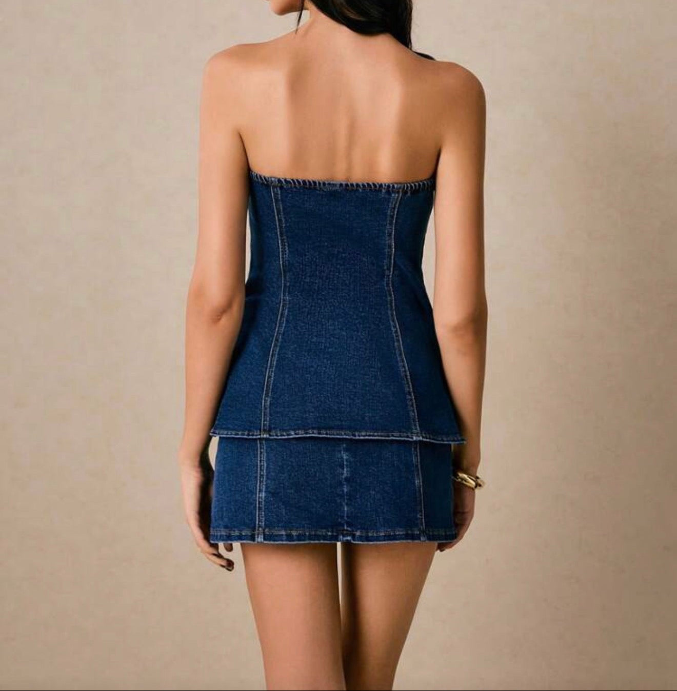Denim Gold-Button Two-Piece.
