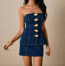 Denim Gold-Button Two-Piece.